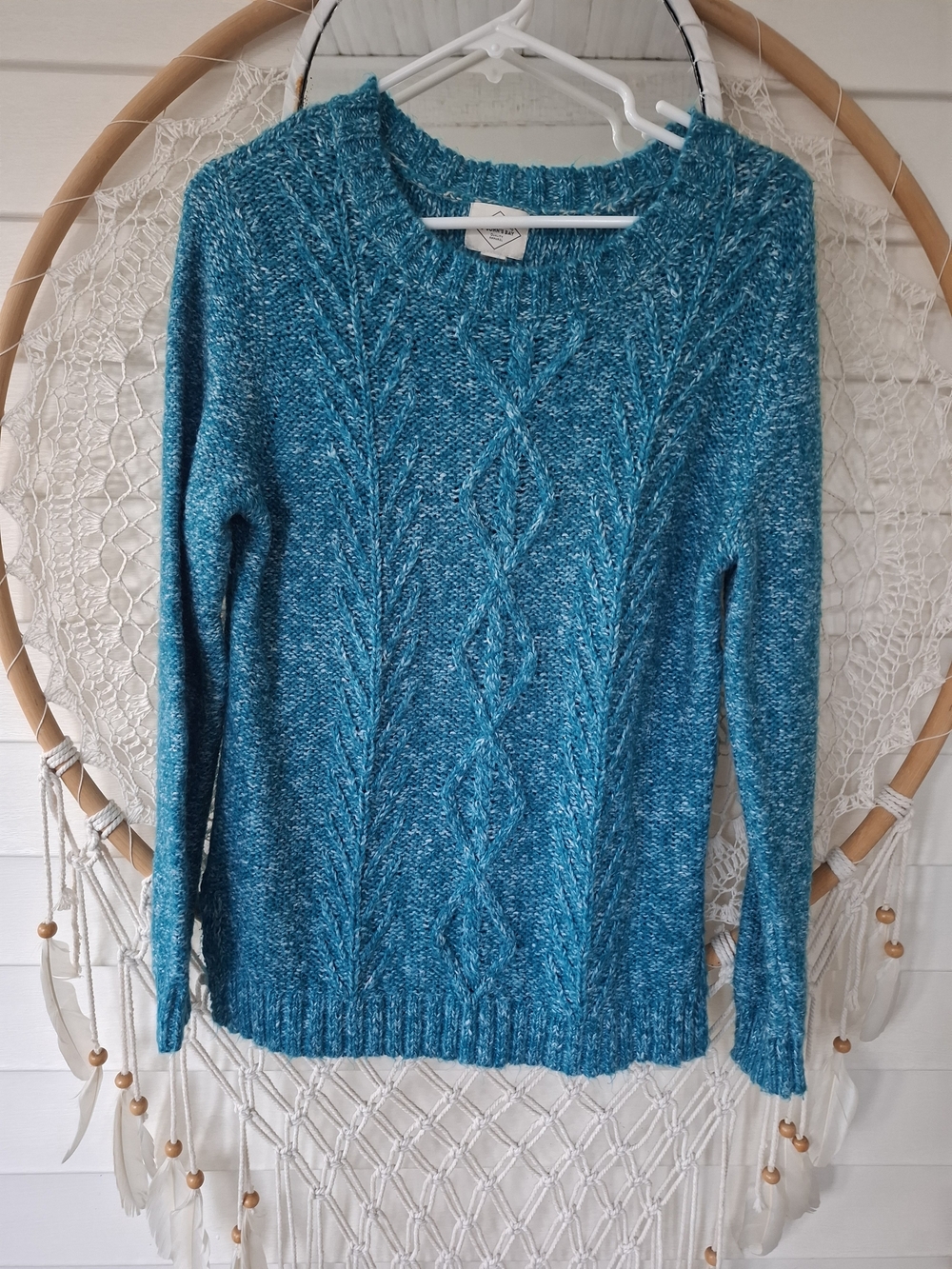 St. John's Bay Coastal Heathered Teal Cable Knit Crewneck Sweater Size Meduim